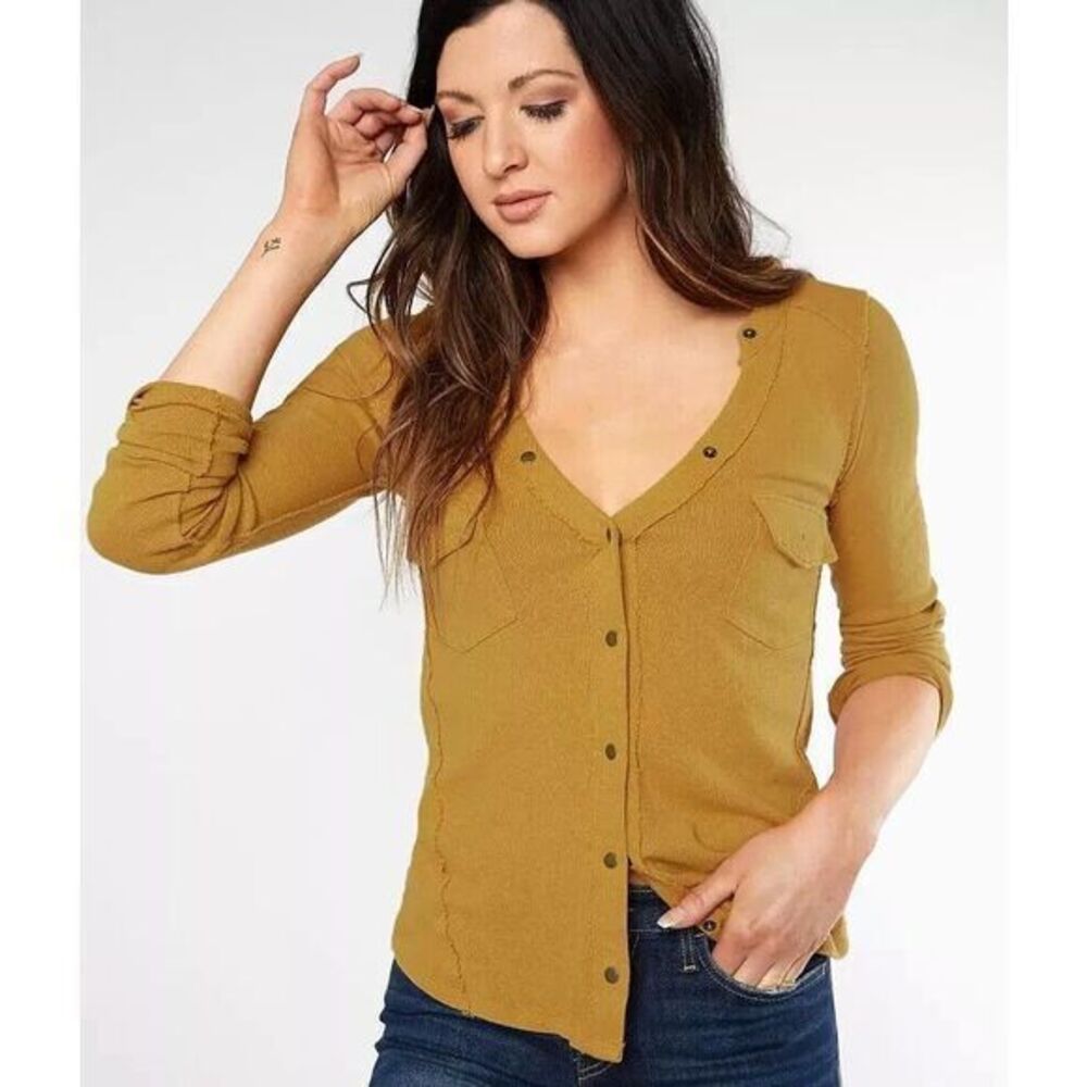 We The Free People Top Small Mustard Starlight Henley Long Sleeve Knit Cotton